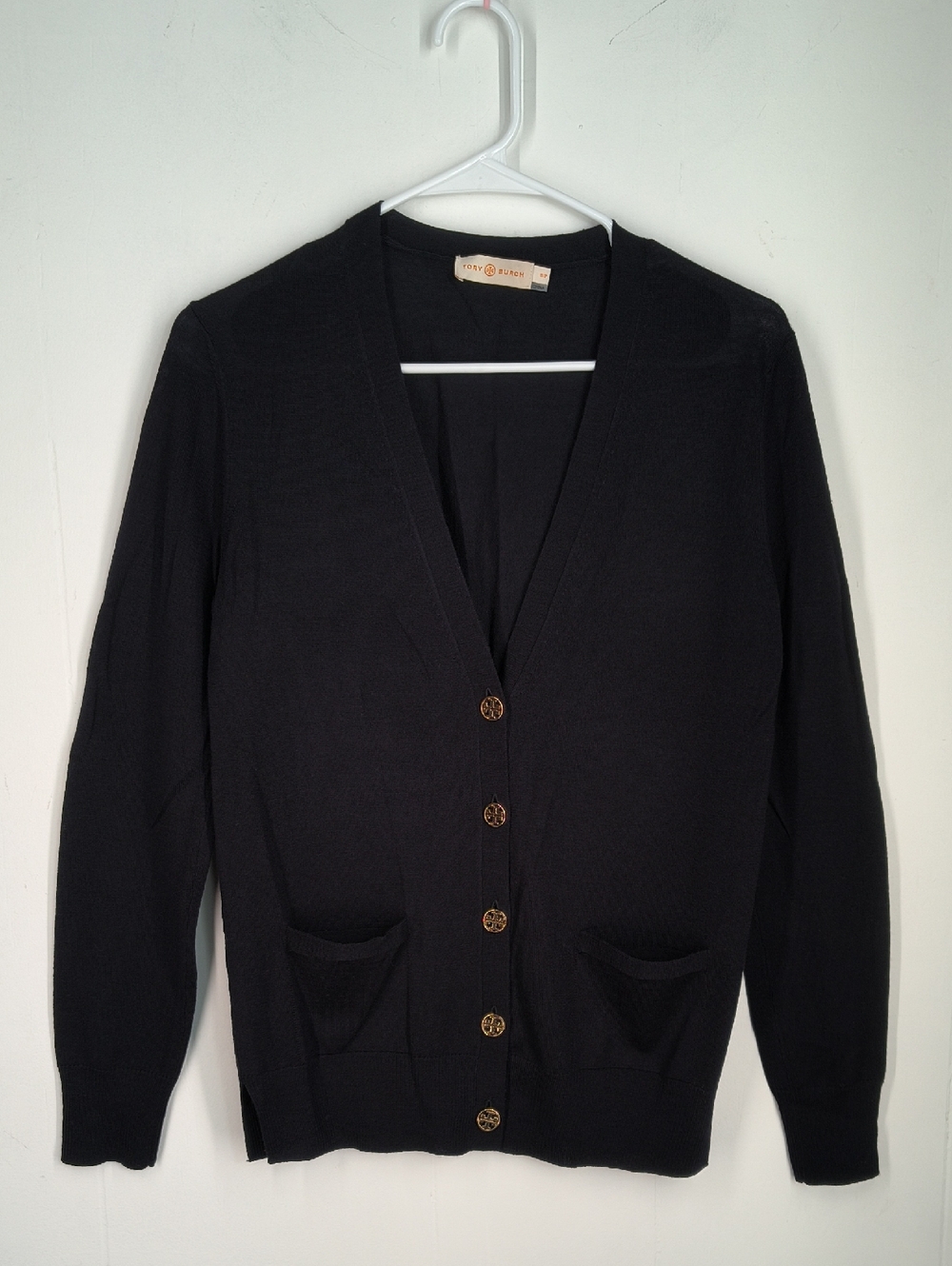 Tory Burch Merino Wool Black Cardigan Size Small Gold Buttons